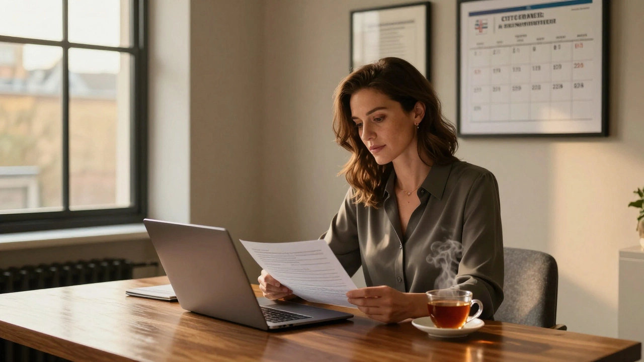 A professional woman working at a desk in a London apartment, managing finances and client appointments.