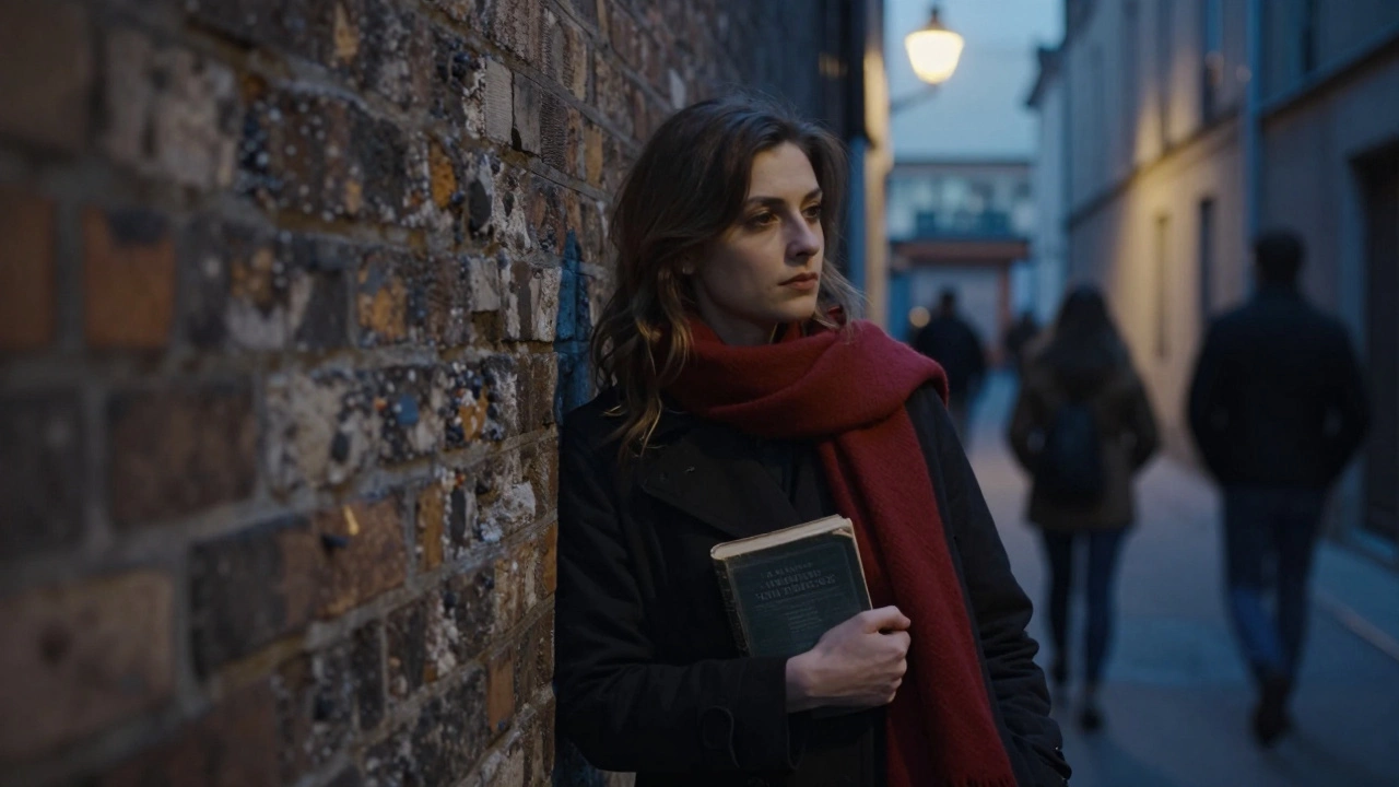 A woman leans against a brick wall in a quiet Paris alley, holding a book, streetlights glowing behind her.
