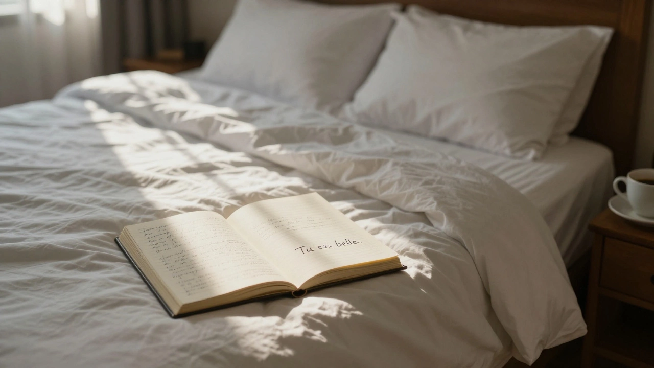 An empty hotel room at dawn, sunlight on rumpled sheets, a coffee cup and open notebook with handwritten French words.